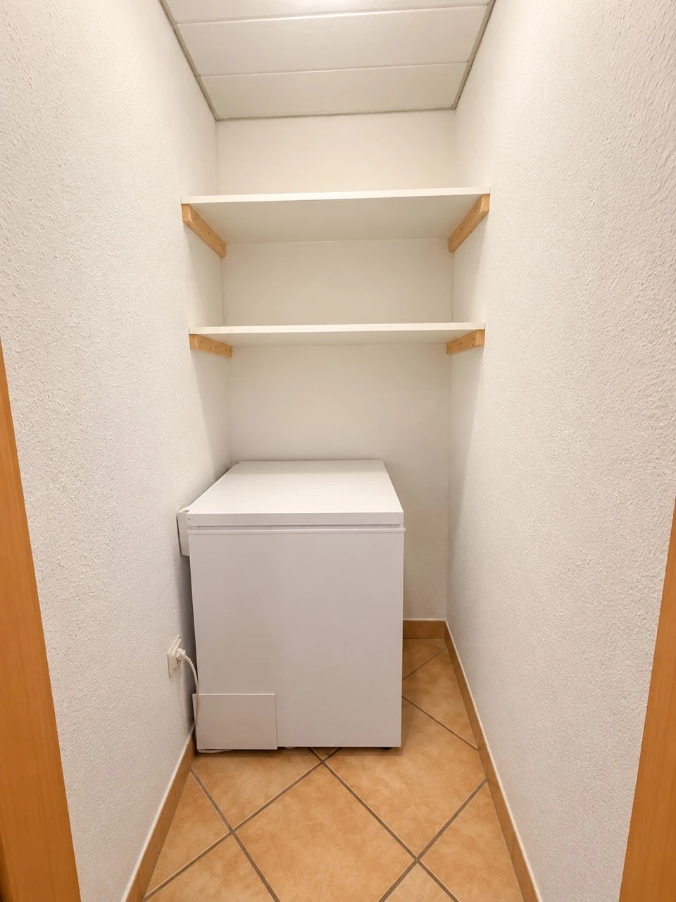 Abstellkammer in der Wohnung mit Wandregalen und aufgestelltem Gefriergerät