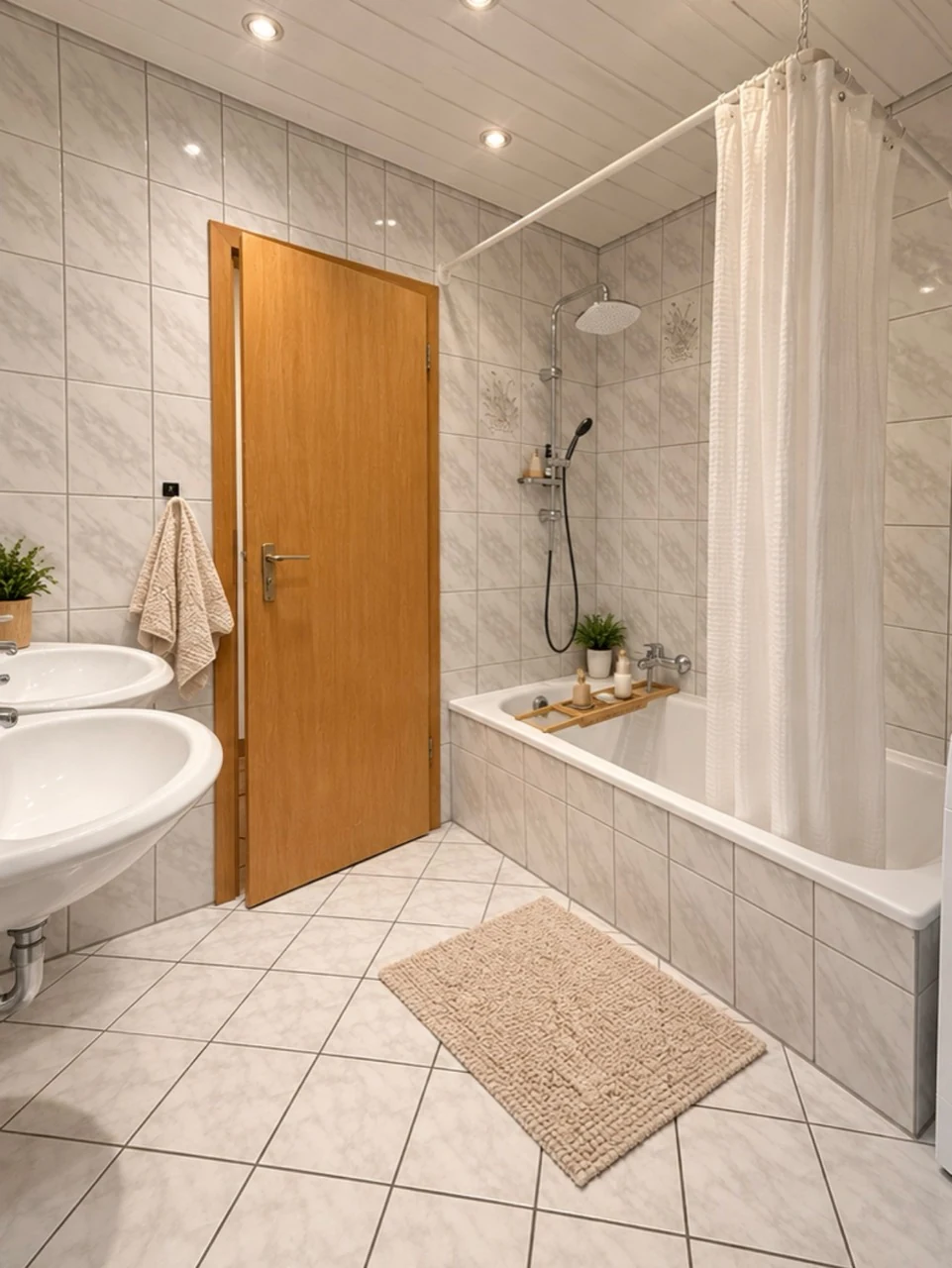Gefliestes Badezimmer mit Badewanne, Duscharmatur und zwei Waschbecken