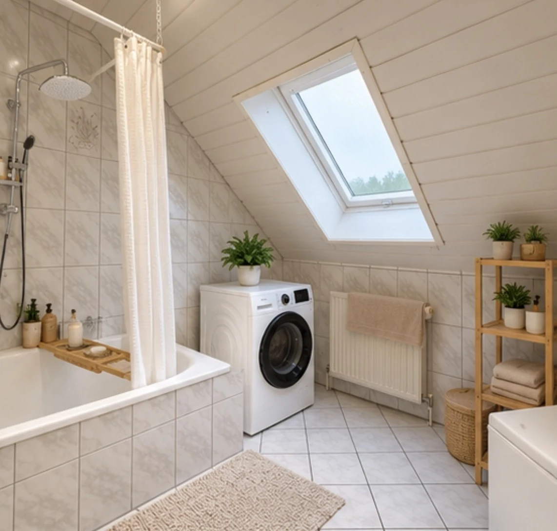 Badezimmer mit Dachfenster, Badewanne und aufgestellter Waschmaschine