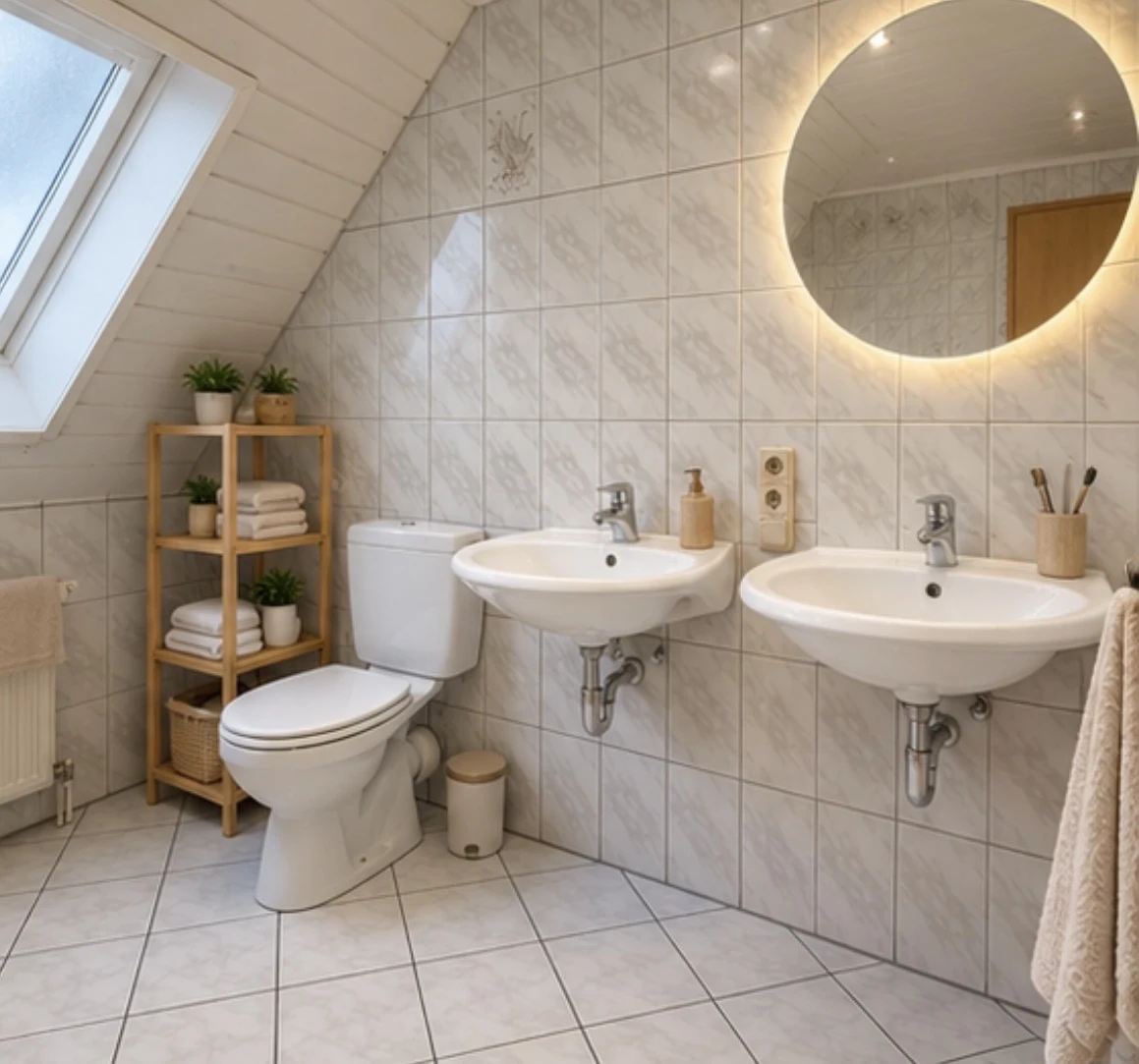 Zwei Waschbecken, WC und Dachfenster im Badezimmer