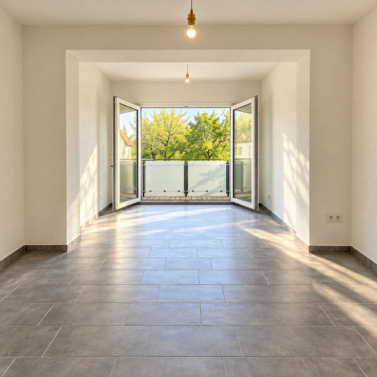 Blick in den Wohnbereich derselben Wohnung mit Zugang zum Balkon