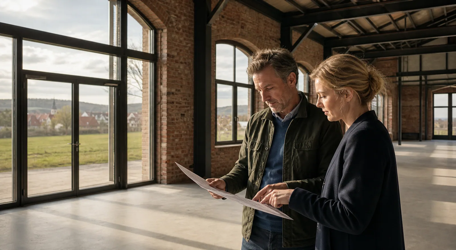 Unternehmer und Architektin besprechen in einer Gewerbehalle einen Bauplan