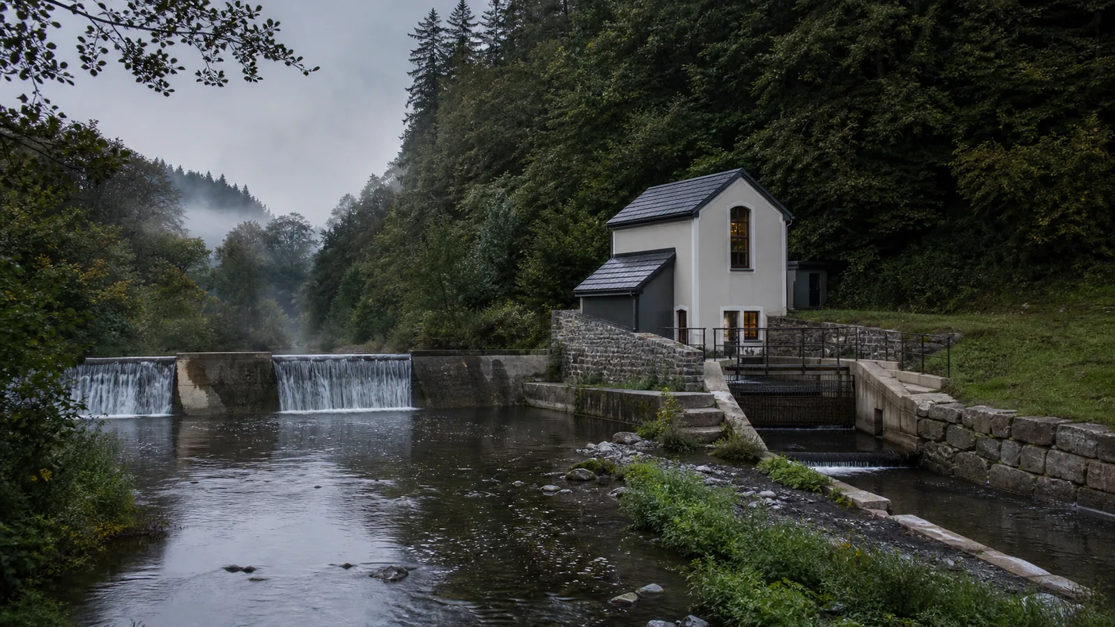 Kleine Wasserkraftanlage in bewaldeter Umgebung