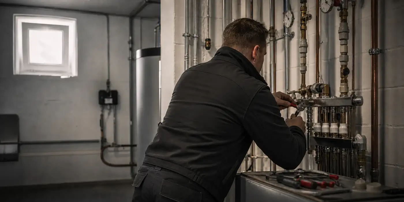 Techniker arbeitet konzentriert an einer Heizungsanlage